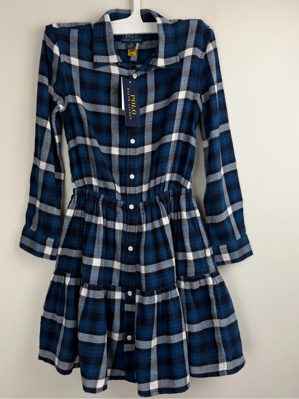 Polo Ralph Lauren Girls Size 6 Blue Plaid Flannel Tiered Shirt Dress Kids NWT